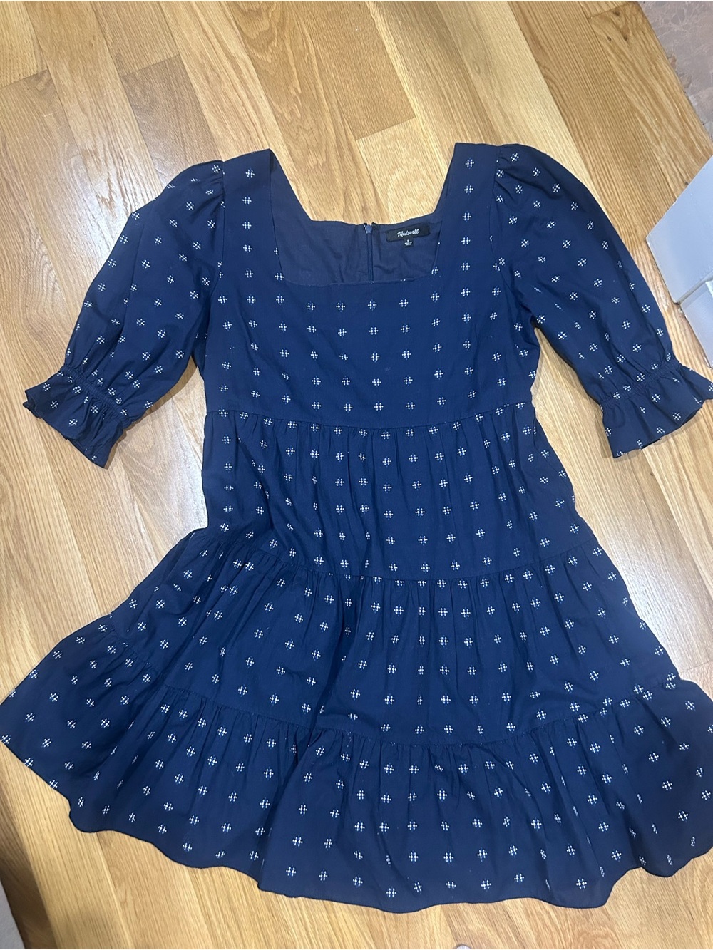 Madewell Navy Dress with Small White Dot Floral Embroidery